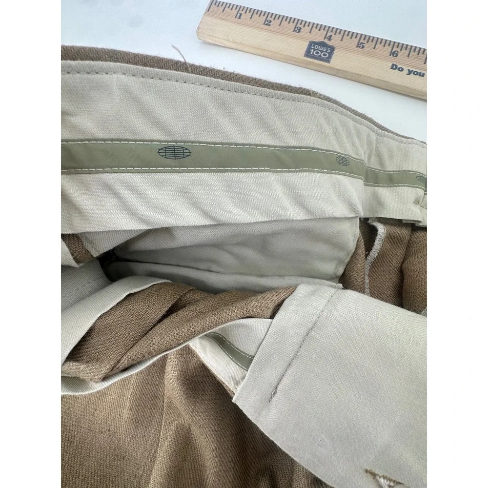 Mens Pleated Linen Blend Dress Pants Khaki Tan Cuffed Trousers 38x30 Teflon